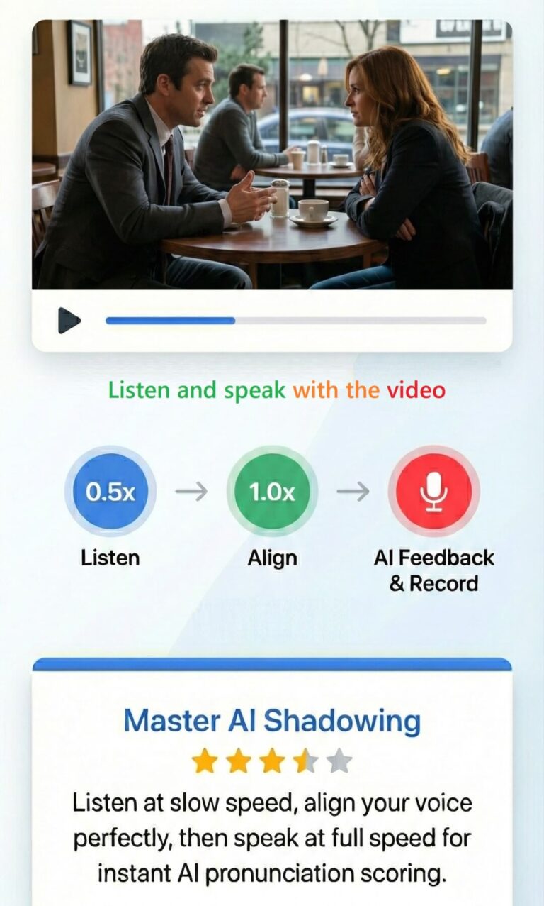 Lingedia Learn English App: AI Shadowing interface with speed controls and pronunciation feedback