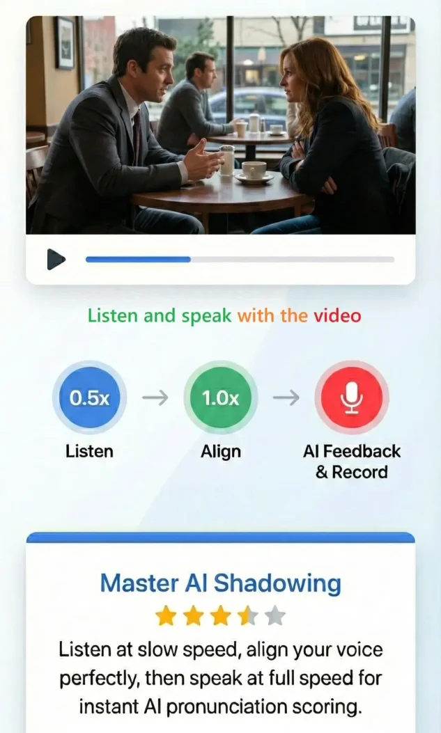 Lingedia Learn English App: AI Shadowing interface with speed controls and pronunciation feedback